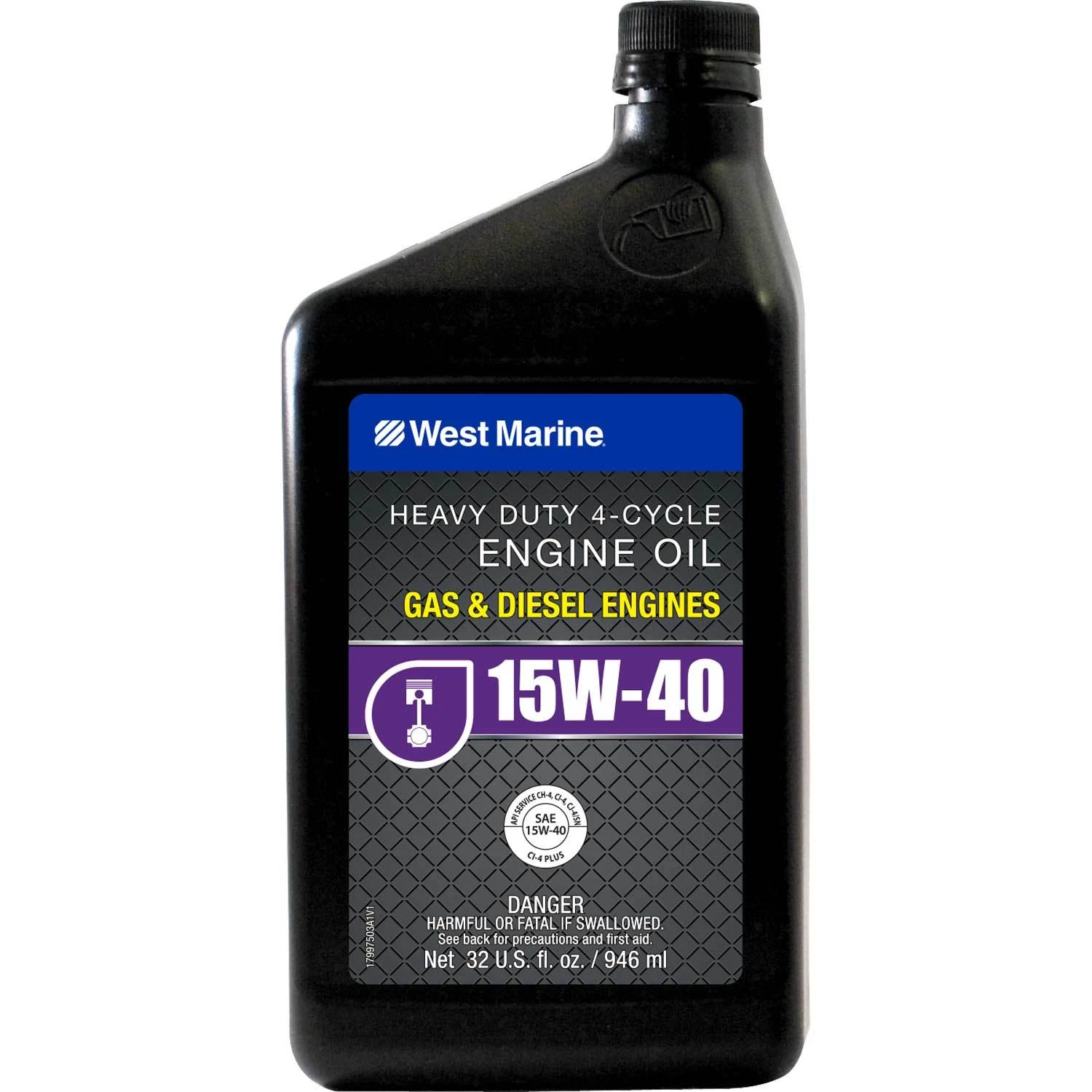 WEST MARINE 4 Stroke Oil Premium SAE 15W-40 4-Cycle Heavy Duty Engine Oil, Quart 1 WEST MARINE 4 Stroke Oil Premium SAE 15W-40 4-Cycle Heavy Duty Engine Oil, Quart