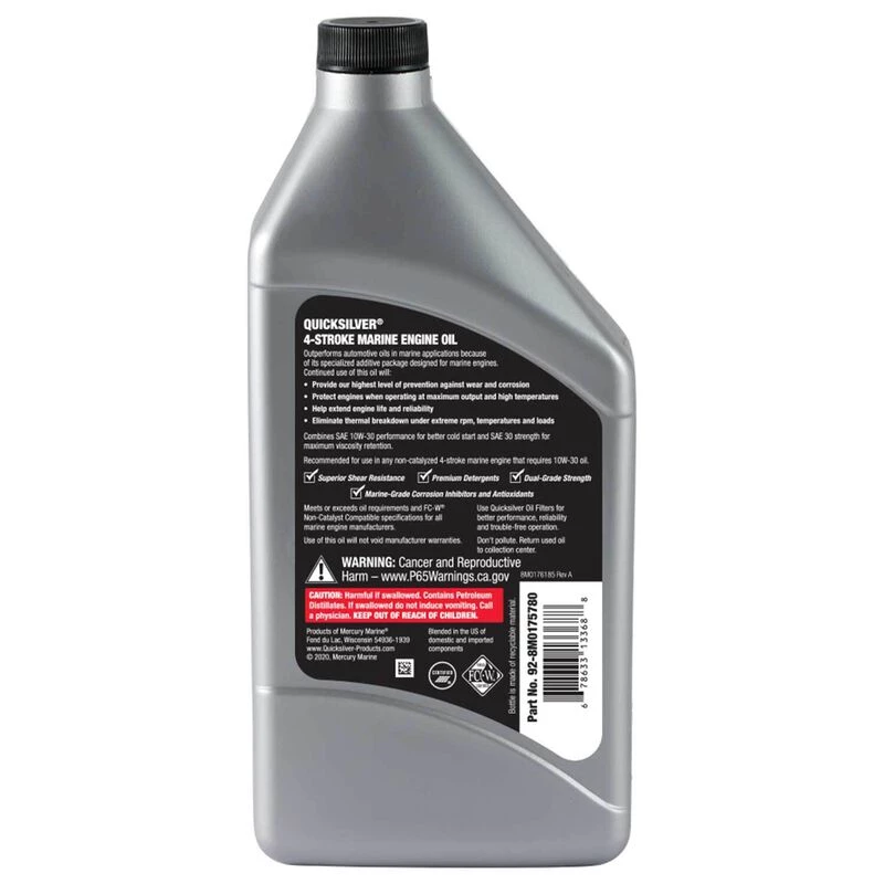 QUICKSILVER 4 Stroke Oil 10W30 Full Synthetic 4-Stroke Marine Engine Oil, Quart 2 QUICKSILVER 4 Stroke Oil 10W30 Full Synthetic 4-Stroke Marine Engine Oil, Quart - Image 2